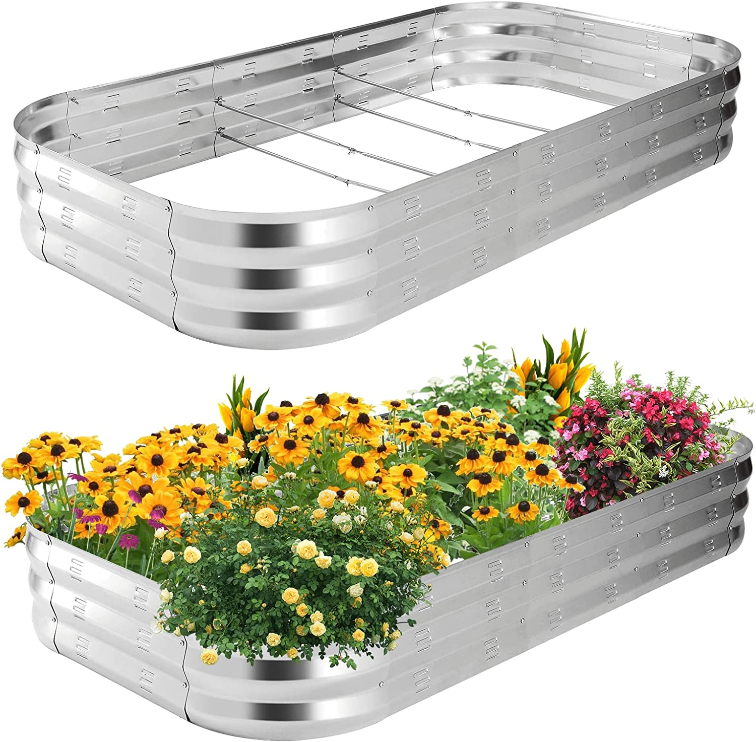 POTEY Raised Garden Bed 2Pcs, Galvanized Garden Boxes Outdoor Raised for Vegetables Flowers Herb, Rectangular Planter Raised Beds Kit with Weed Barrier Fabric and Soil Ventilation Holes